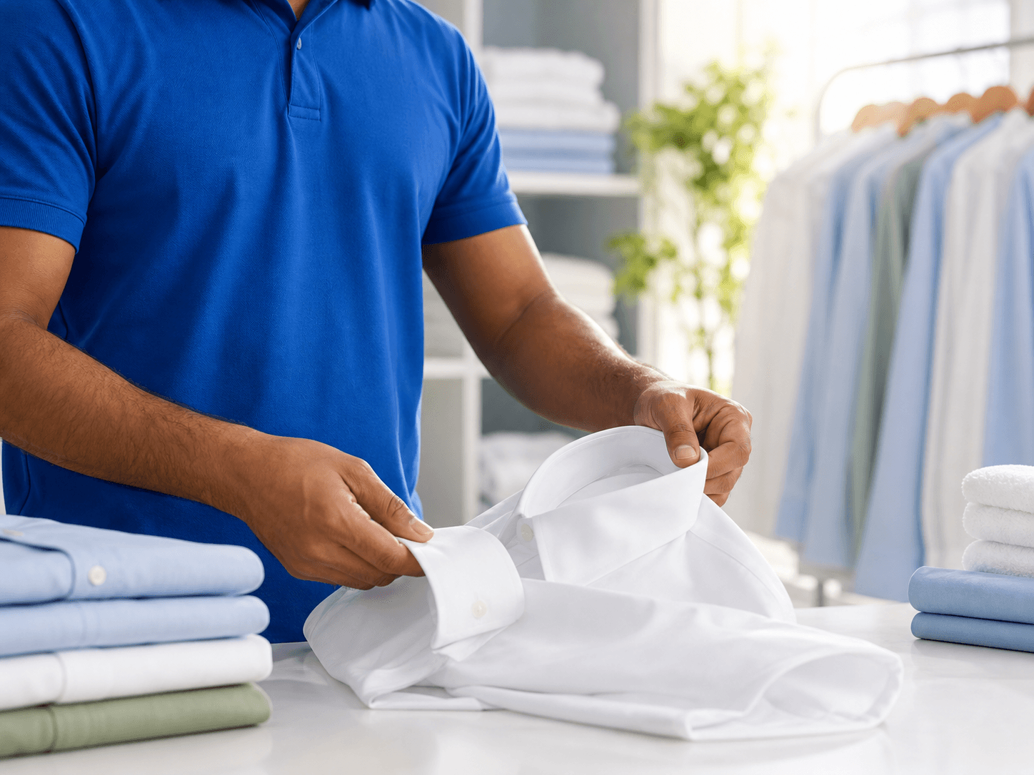 Sri Lakshmi Laundry staff inspecting a crisp white shirt before finishing