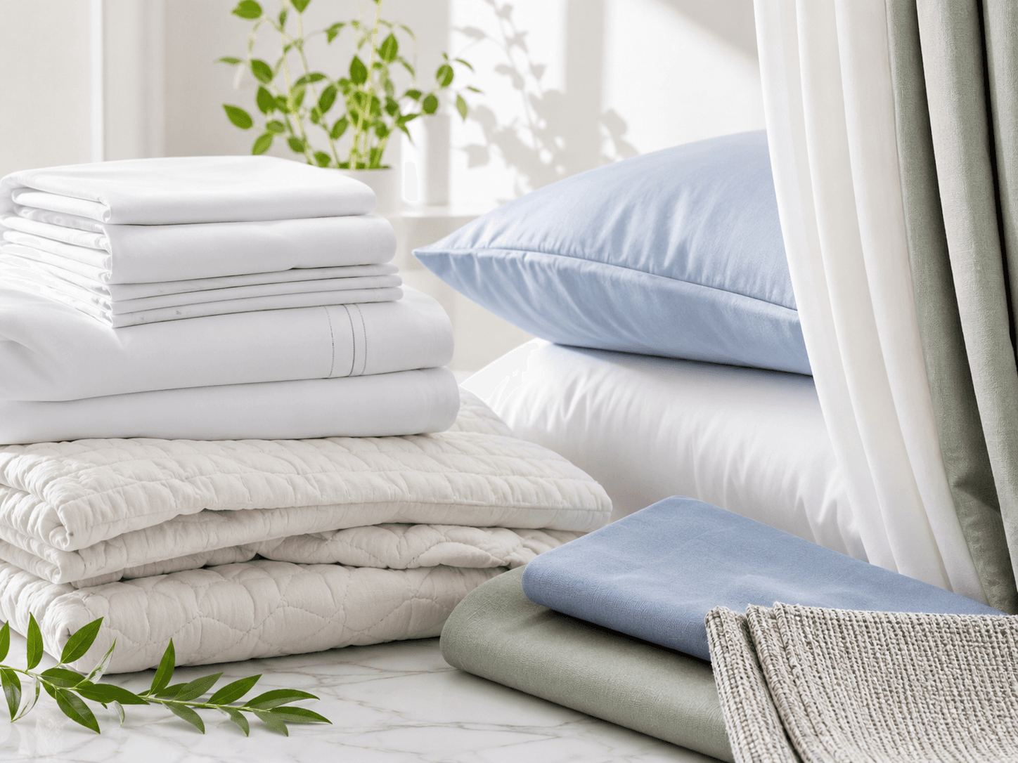 Clean folded bedsheets, curtains, quilts and home textiles