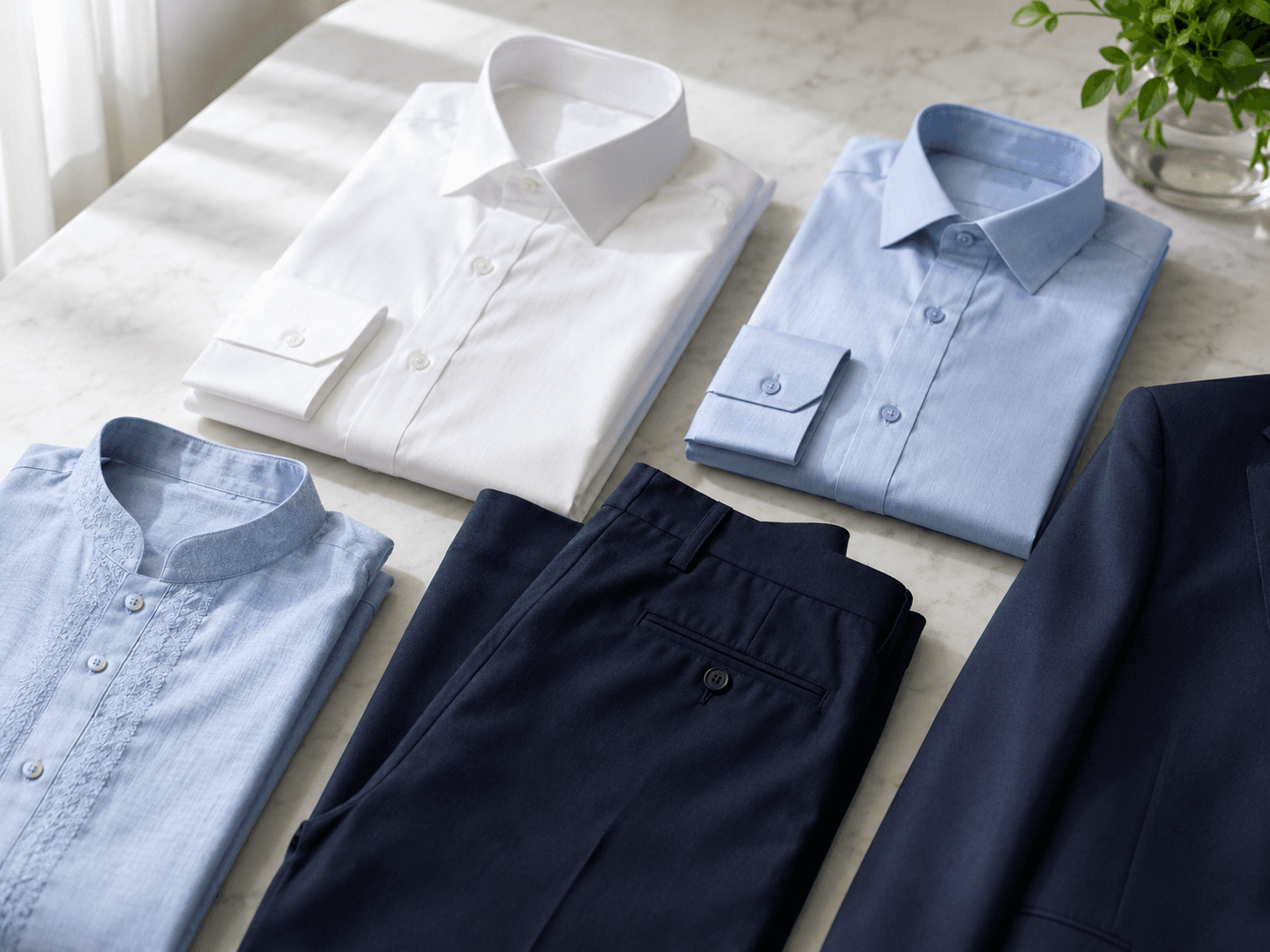 Freshly cleaned men's shirts, trousers, suits and kurta