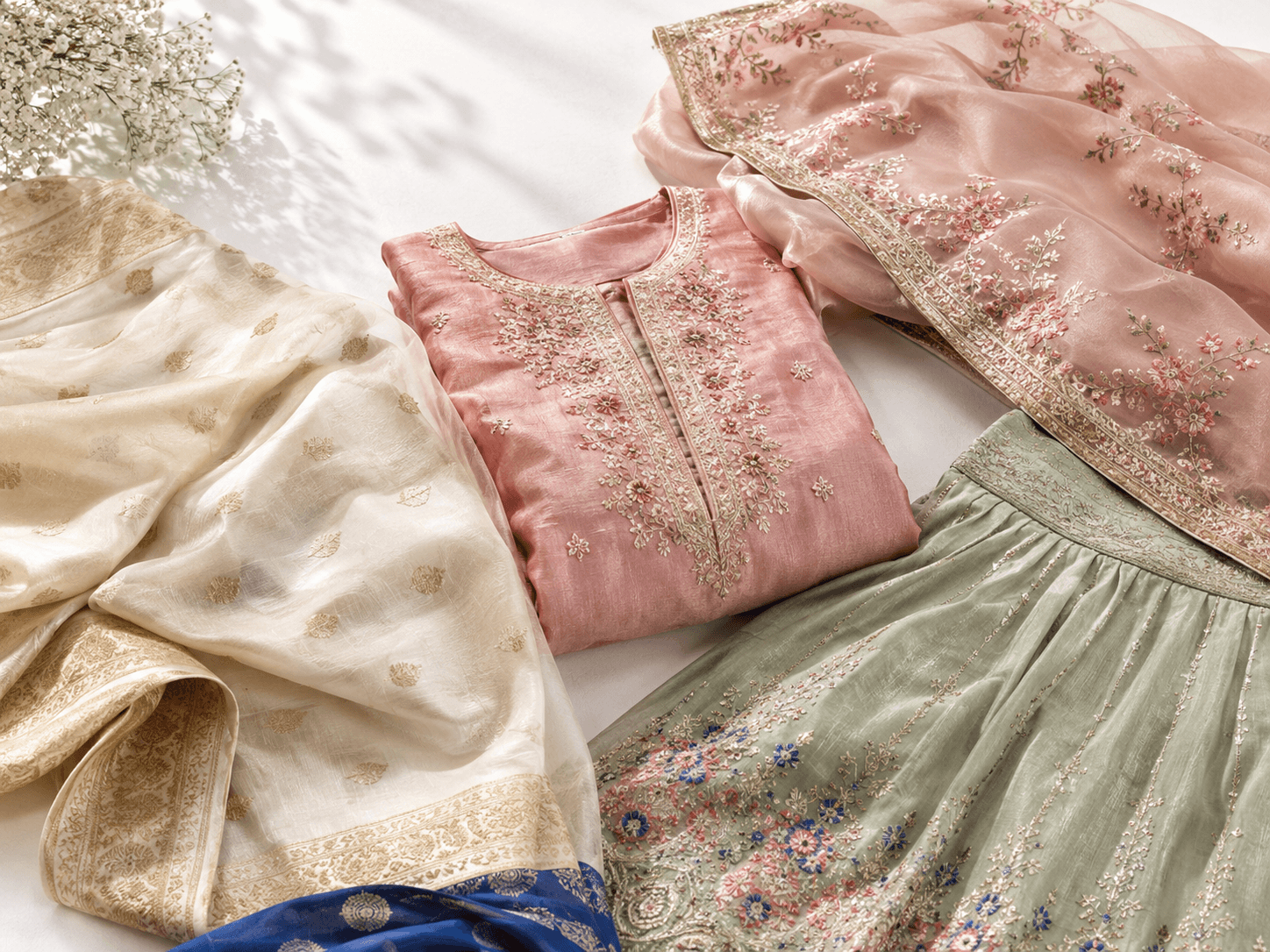Freshly cleaned saree, lehenga, kurti and dupatta fabrics