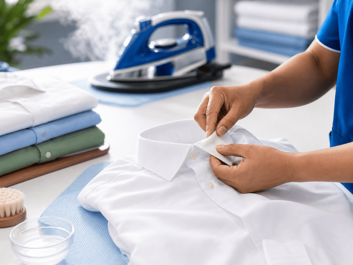 Laundry expert inspecting a shirt collar in a clean studio