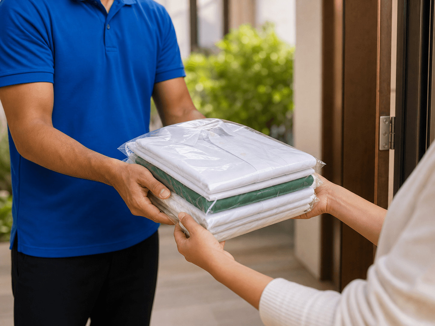 Freshly cleaned folded clothes delivered at the doorstep