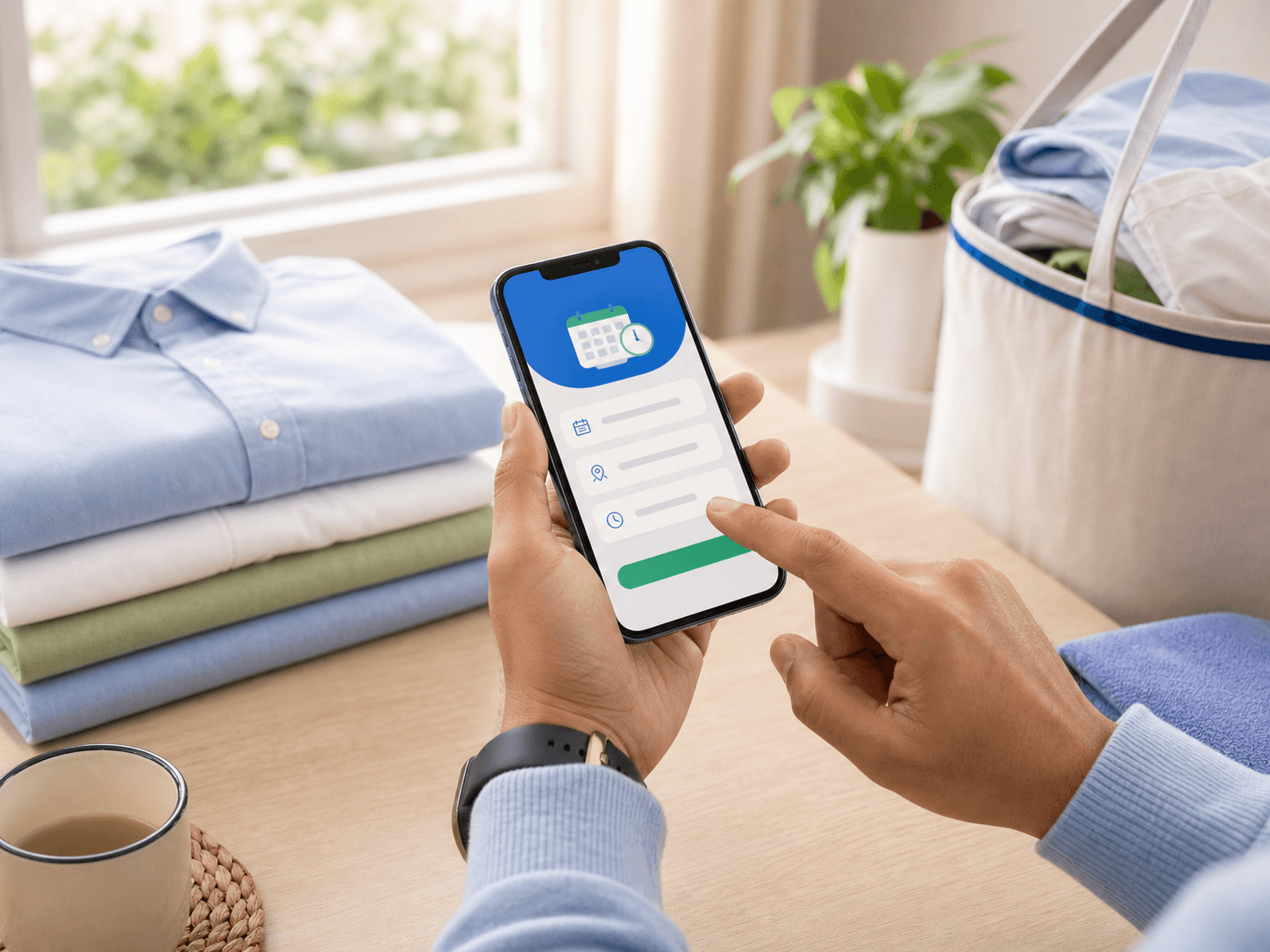 Customer scheduling a laundry pickup on a phone beside folded clothes
