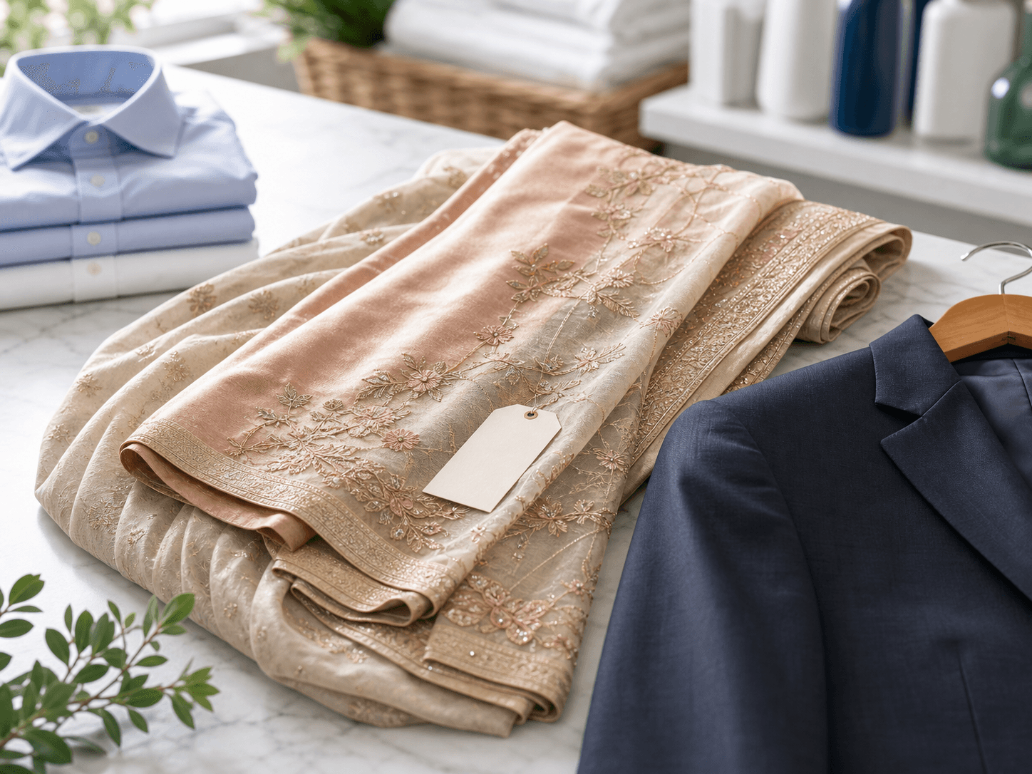Delicate saree fabric and suit prepared for dry cleaning