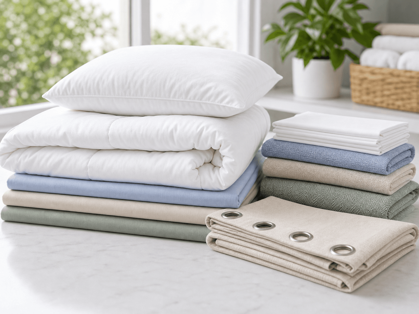 Freshly cleaned household textiles including pillows, quilts and curtains