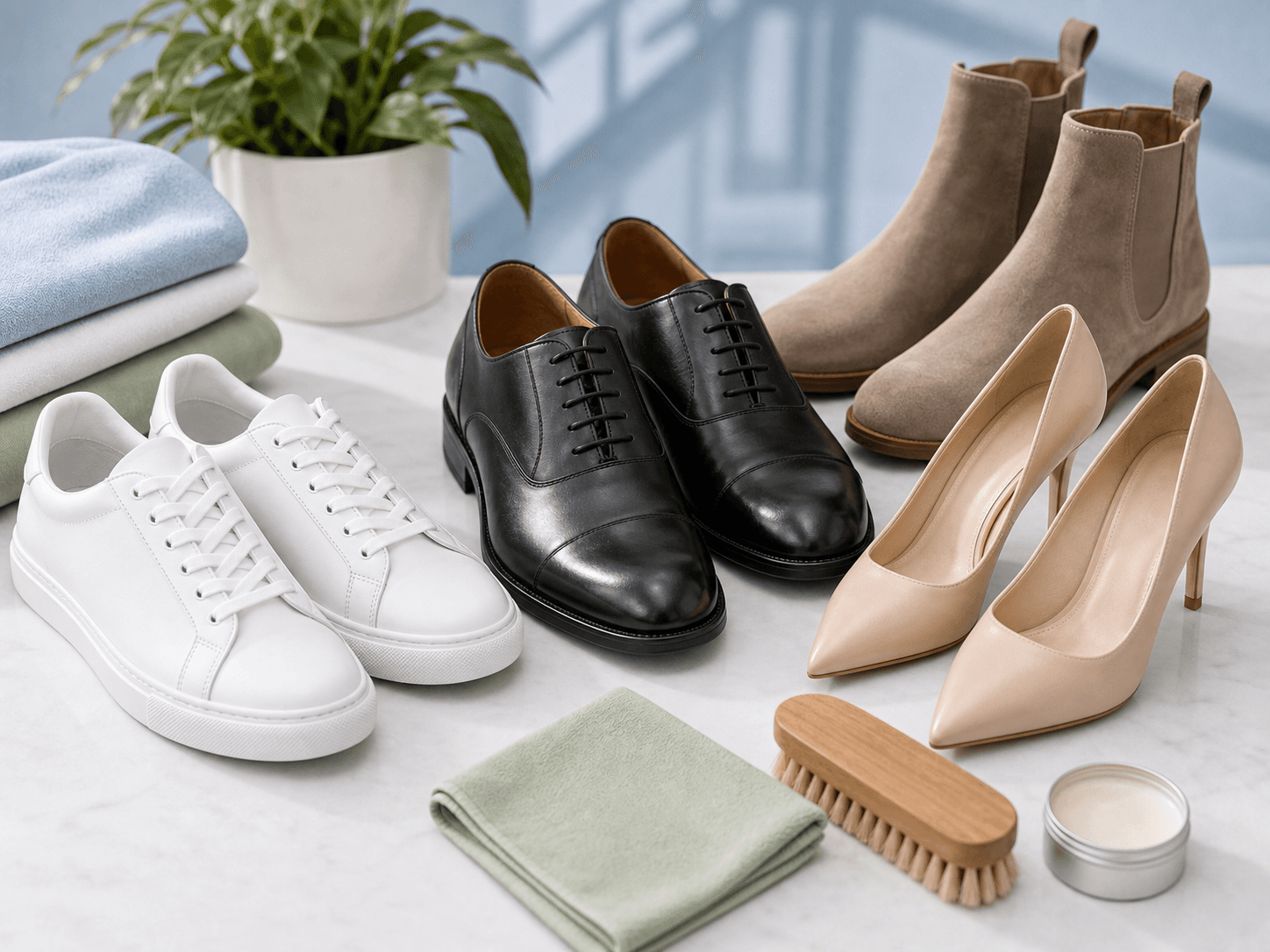 Clean sneakers, leather shoes, heels and suede boots