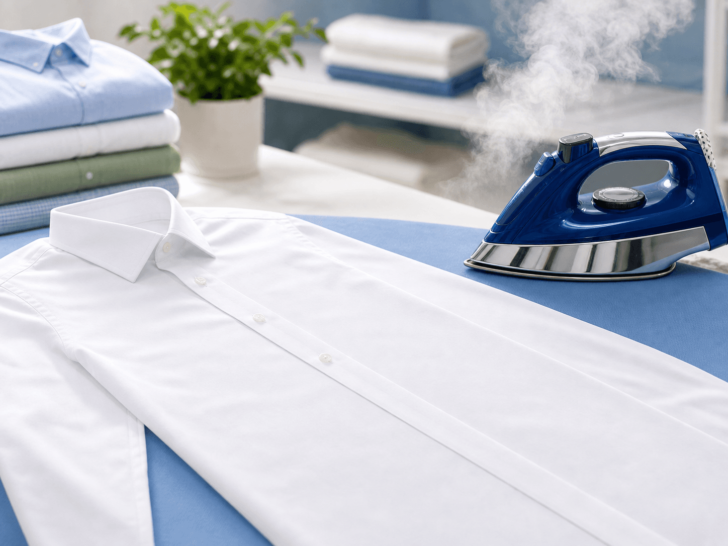Crisp shirt and steam iron for professional pressing service