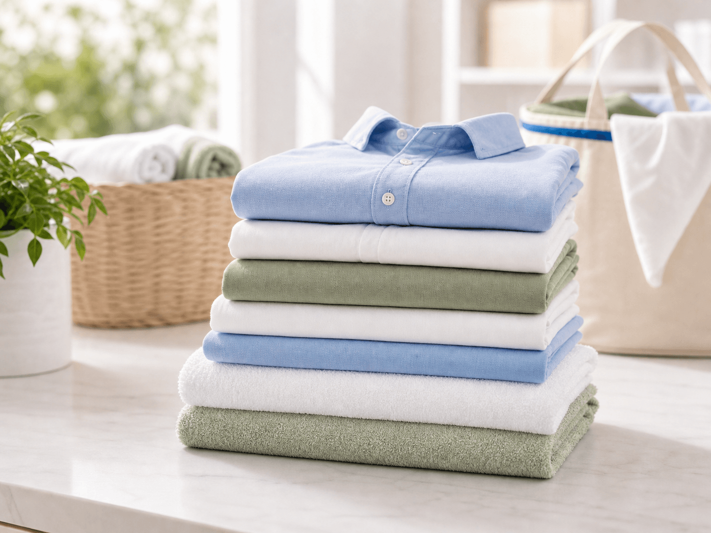 Freshly folded shirts and towels for wash and fold laundry service