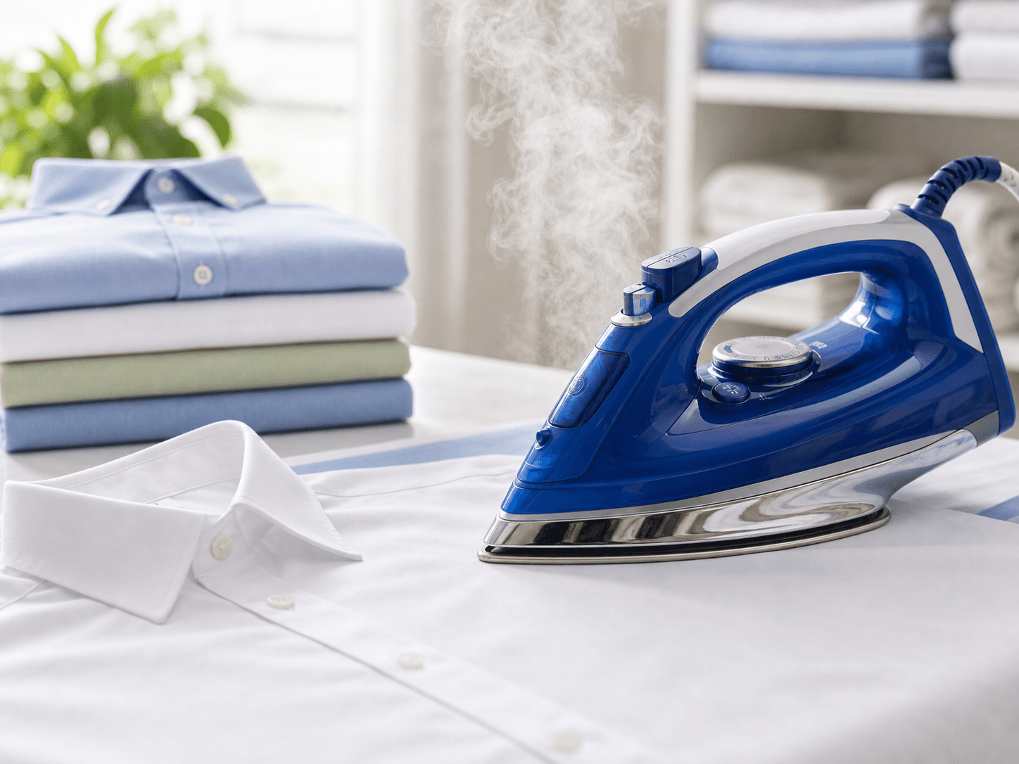 Steam iron pressing a crisp white shirt
